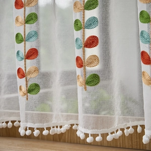 Modern white sheer cafe curtain with colorful leaf embroidery and white pom pom trim edge