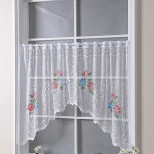 White lace cafe curtain with floral embroidery and scalloped edges for kitchen windows