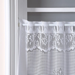 White lace cafe curtain with floral crochet pattern and rod pocket design for home