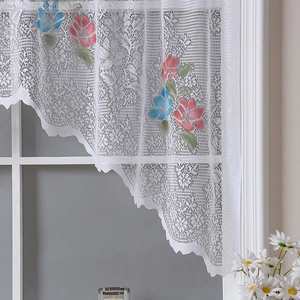 White lace short curtain with floral embroidery and scalloped edges for kitchen windows