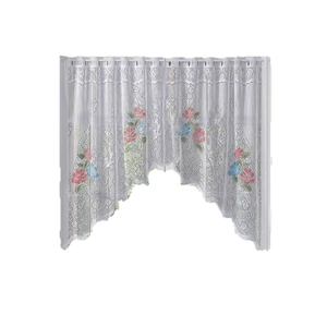 White lace cafe curtain with rose print and wavy hem for kitchen window partition