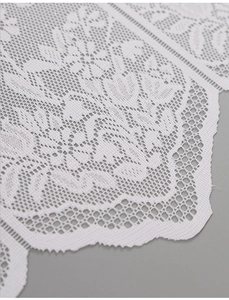 Detailed macro view of white daisy lace fabric with intricate floral mesh and scalloped edges
