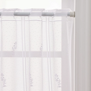 White daisy lace cafe curtain with floral embroidery and hanging loops for windows