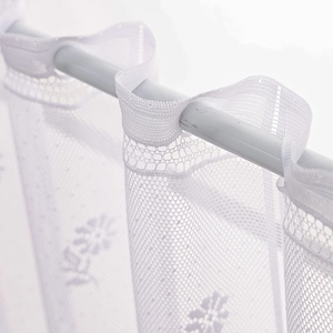 Elegant white daisy lace kitchen curtain with floral mesh design and rod pocket style
