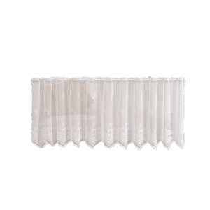 White lace cafe curtain featuring daisy floral embroidery and scalloped edges