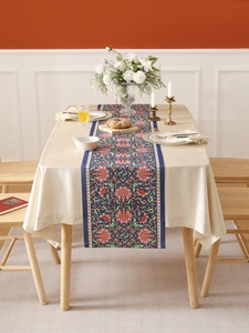 Detail view of American vintage table runner with floral patterns and heat-resistant fabric