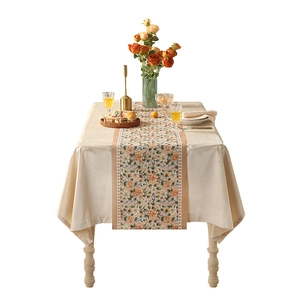 Romantic daisy floral table runner and beige waterproof cloth set for dining decor