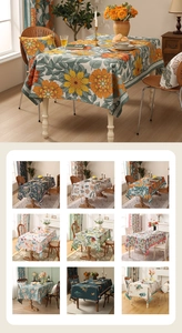 Detail shot of vintage sunflower patterns and various floral textures on thick tablecloths