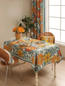 Detailed close-up of thick cotton linen tablecloth with vintage floral print and waterproof coating