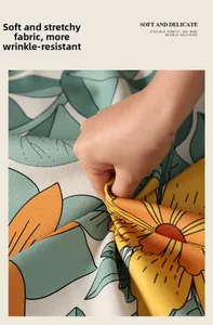 Detail of sunflower printed cotton-linen fabric showing its soft stretch and wrinkle resistance