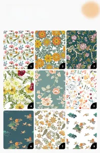 Collage of eight vintage floral and crane print patterns for thick linen tablecloths