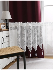 Close-up of white crochet lace valance with geometric floral patterns and silky tassels