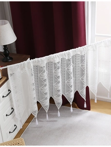 Detailed view of white lace window valance with decorative tassels and floral patterns