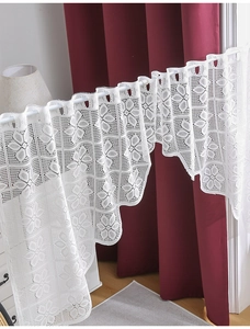 Detail of white lace window valance featuring crochet floral patterns and wavy edges