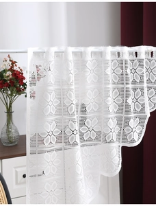 Detail of white lace window valance with floral mesh pattern and scalloped edges