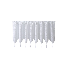 White lace cafe curtain with geometric patterns and tassel trim for small windows