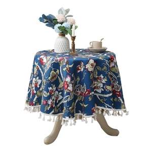 Retro Luxus Tischdecke rund mit Blumen-Vogel-Muster und weißen Quasten-Fransen