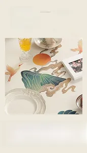 Detailed view of thick waterproof linen tablecloth with crane and mountain print