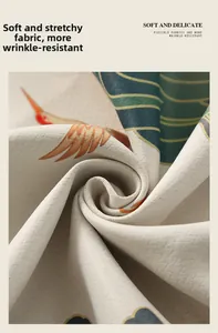 Macro shot of soft elastic thick fabric with traditional Chinese crane print pattern