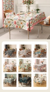 Collage showing various floral and botanical patterns of thick waterproof cotton linen tablecloths
