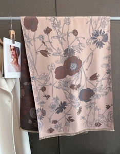 Close-up of double-sided cashmere shawl featuring vintage floral prints and fine fringe