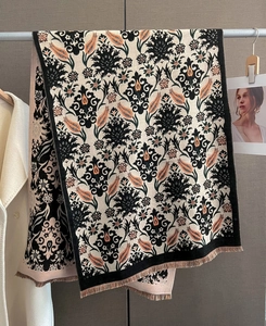 Detail view of double-sided jacquard scarf with retro tulip pattern and tassel edges