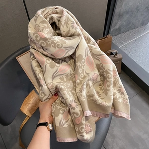 Elegant floral jacquard pashmina scarf with soft fringes and tulip pattern design