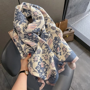 Thick winter cashmere-style scarf with vintage floral print and pink tassels