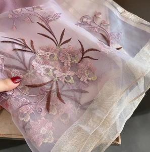 Detail of pink floral embroidery on sheer silk wool fabric with gold metallic edges