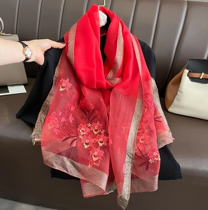 Elegant red silk wool scarf with floral embroidery and gold thread edges for women