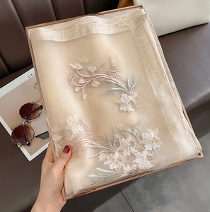 Detail of floral embroidery on light beige silk wool scarf in a gold display tray