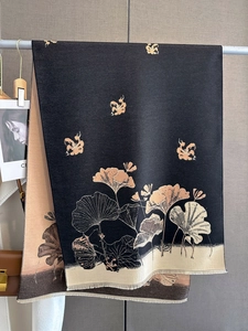 Close-up of golden ginkgo leaf pattern and fine fringe on thick black winter scarf