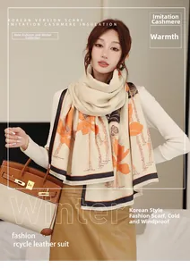 Close-up of thick imitation cashmere scarf featuring floral patterns and soft tassel edges
