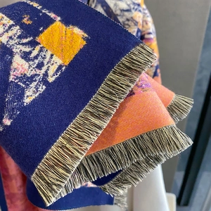 Women's geometric cashmere-feel scarf with vintage jacquard pattern and fringe edge