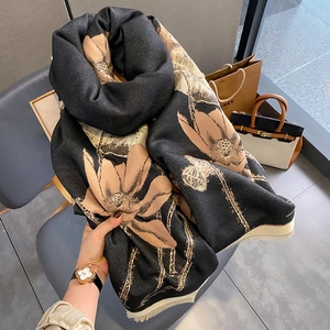 Thick black faux cashmere scarf with vintage brown lotus print and tassel edges