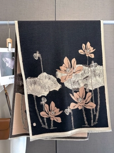 Close-up of thick lotus pattern scarf with soft fringe details and woven texture