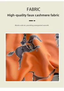 Detail of soft orange cashmere-like scarf featuring equestrian horse and rider print