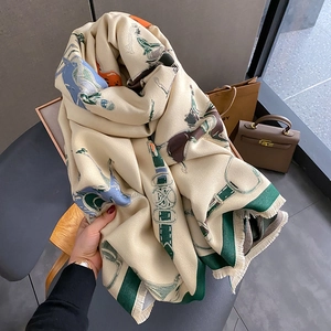 Classic horse carriage print cashmere shawl scarf with fringes and tassels