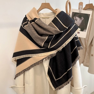 Detail of color-block scarf with tassel fringe and thick cashmere-like soft texture