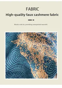 Macro shot of thick blue cashmere-like fabric with orange and beige wave patterns