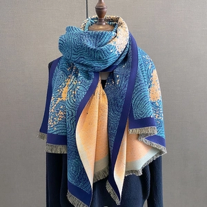 Artistic oil painting style thick cashmere shawl with fringe in deep blue and orange
