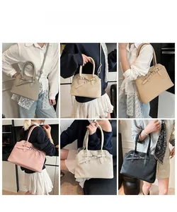 Collage of pleated tote bags in six colors showing shoulder and handheld styling options