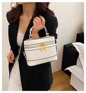 Detail of white mini box bag with crocodile pattern texture and gold zippers
