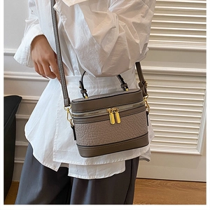 Detail of grey crocodile pattern box bag with golden double zippers and handle