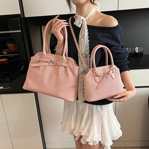 Pink pleated tote and small handbag set with silver hardware for women