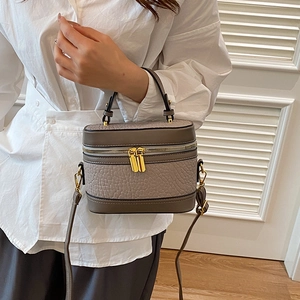 Vintage style taupe box crossbody bag with lychee texture and gold zippers for women