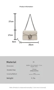 Size chart showing 25x17x8cm dimensions for the white snakeskin chain handbag with metal clasp