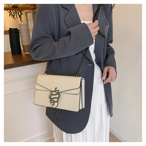 Detail of a creamy white snakeskin embossed bag with snake-shaped metal clasp and chain