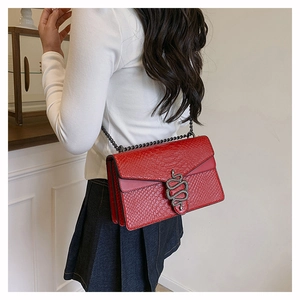 Detail view of red crocodile pattern shoulder bag with silver snake clasp and chain strap