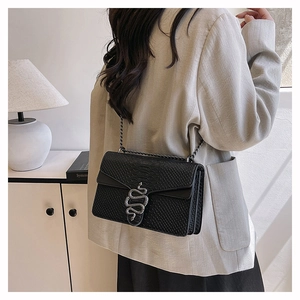 Detail of crocodile embossed crossbody bag with silver snake clasp and chain strap